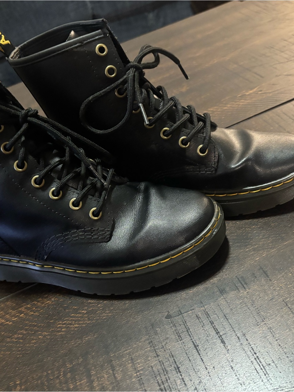 Dr. Martens Black Leather Lace-Up Boots with Yellow Stitching